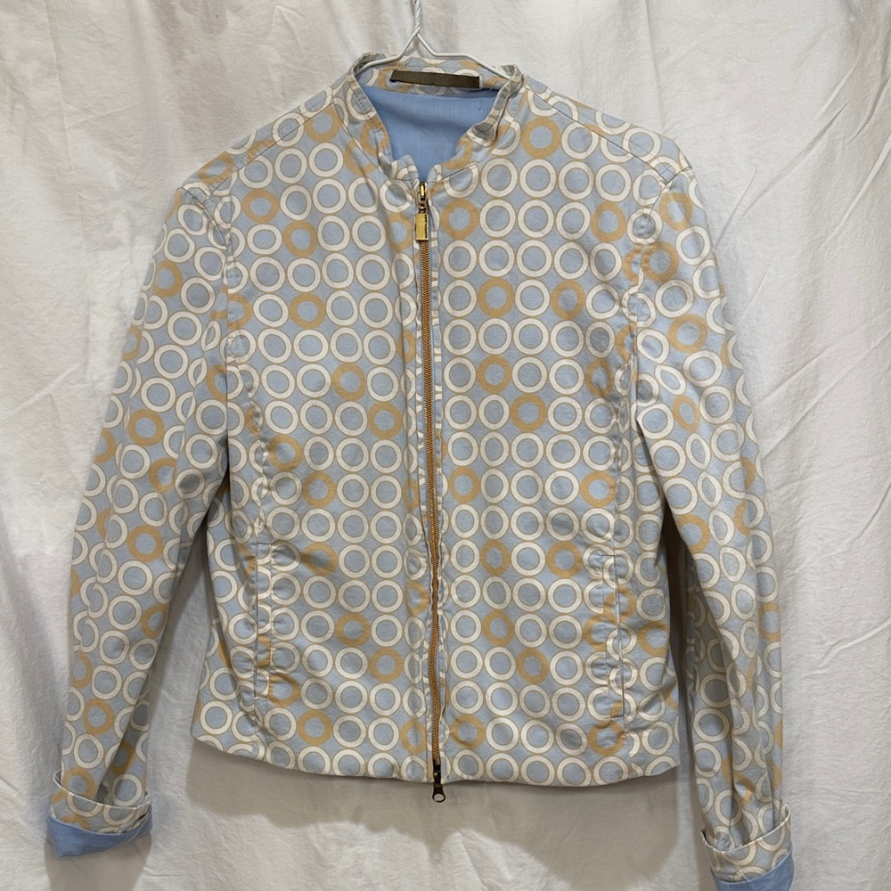 Vintage Valentino Jeans, women’s bomber jacket, Stylish Blue/ Gold Circles, M